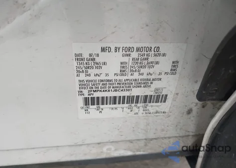 2018 Ford Edge Titanium z USA, uszkodzony, nr VIN 2FMPK4K81JBC43301